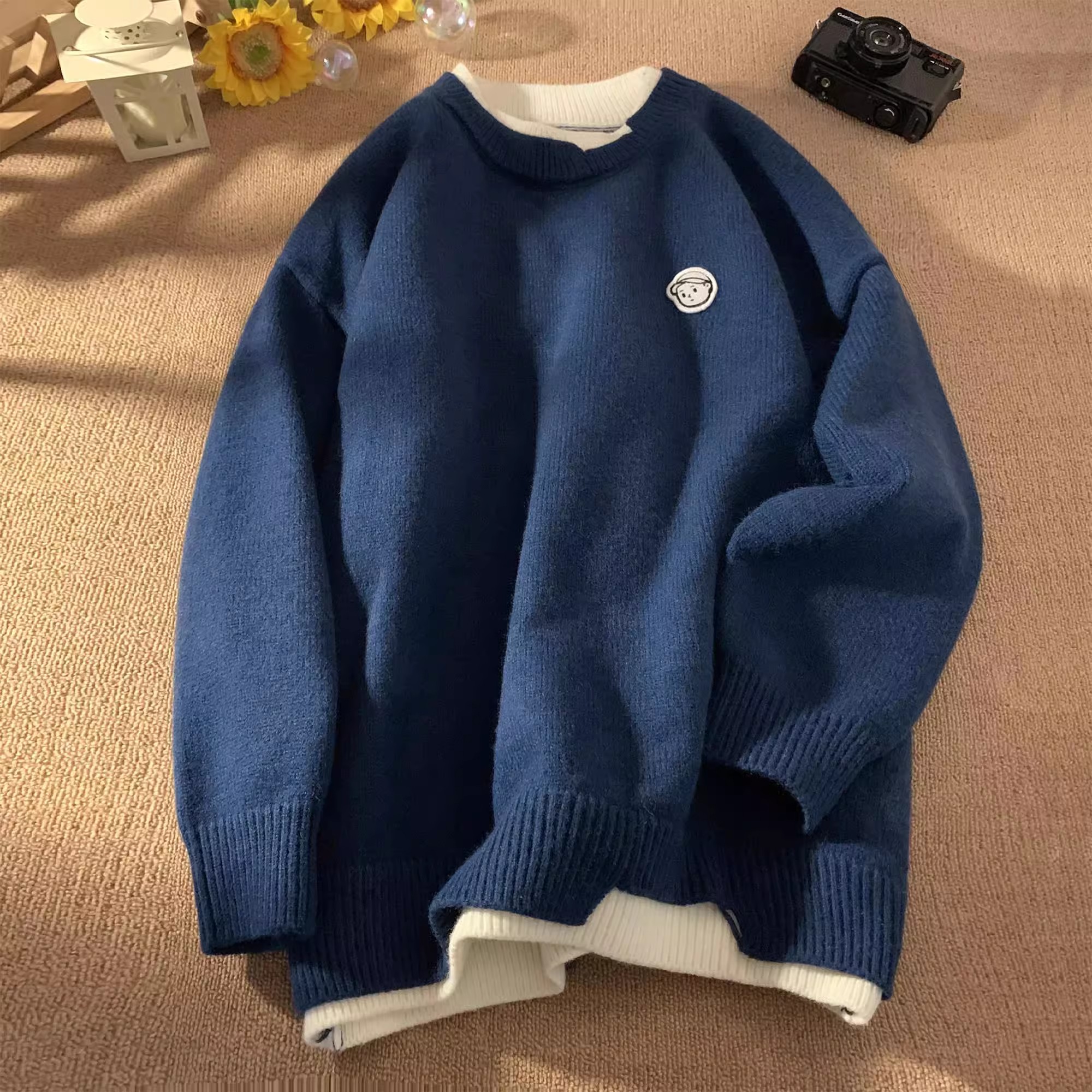 青少年日系复古假两件毛衣男秋冬
