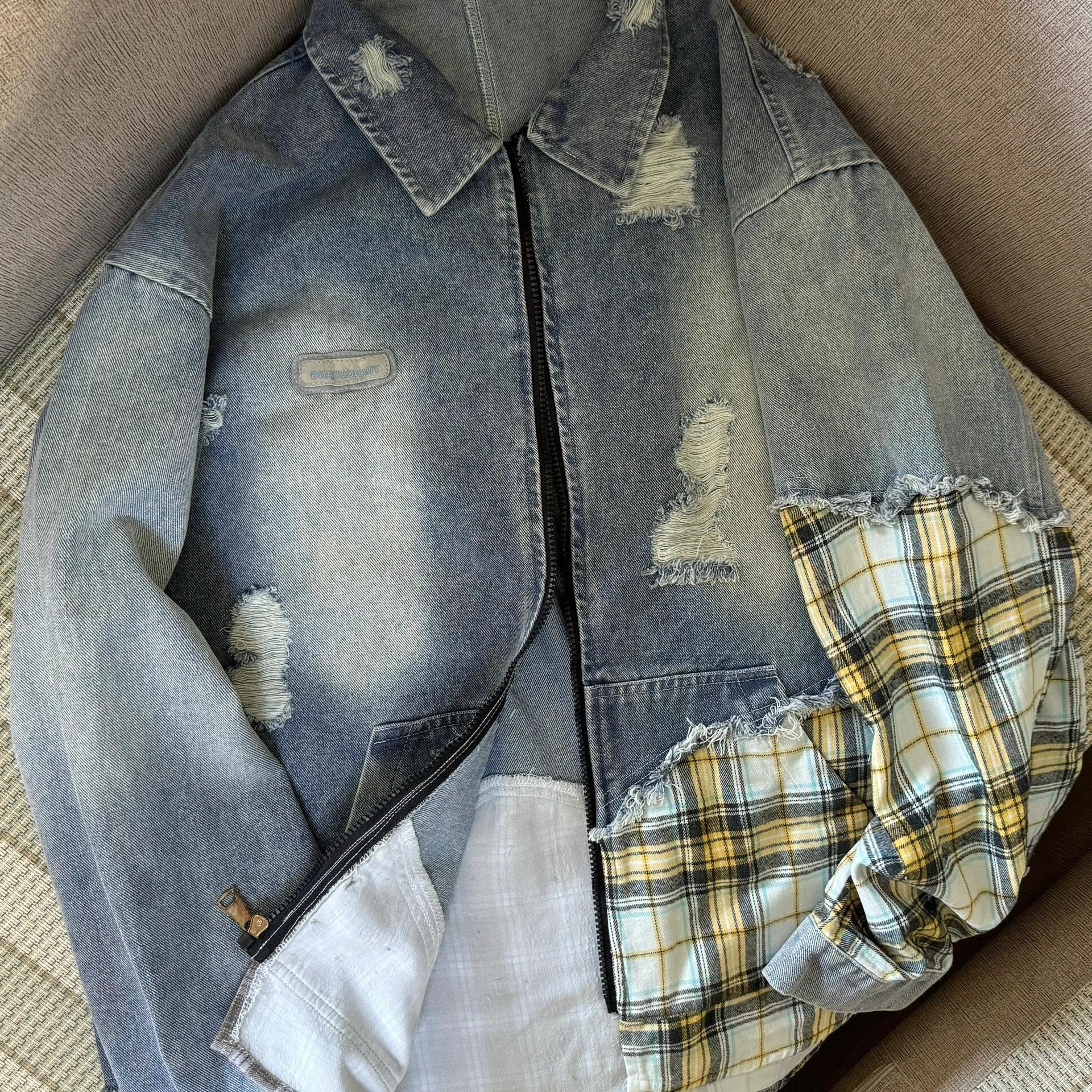 美式复古破洞假两件拼接牛仔外套男女秋季宽松情侣宽松废土风夹克