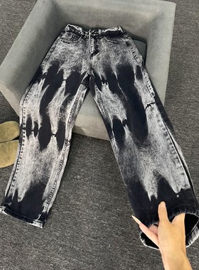 黑色扎染牛仔裤春秋男款潮牌痞帅炸街微喇裤美式drill直筒弯刀裤