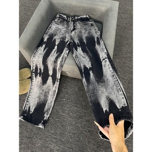 黑色扎染牛仔裤春秋男款潮牌痞帅炸街微喇裤美式drill直筒弯刀裤
