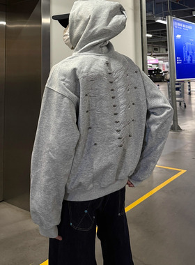 美式复古铆钉刺绣连帽卫衣男女款高级感cleanfit灰色加绒情侣外套