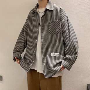春夏季韩版帅气条纹长袖衬衣男日系潮牌宽松学生百搭薄外套衬衫