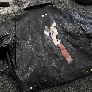 美式蜻蜓女人像油蜡皮夹克男春秋痞帅高级感cleanfit短款正肩外套