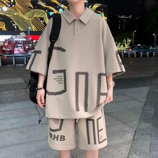 大码300斤休闲痞帅套装薄男女设计感polo短袖衬衫短裤运动两件套