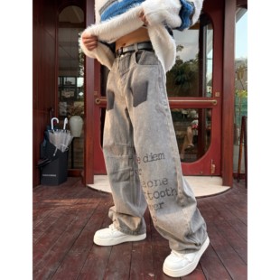 美式复古字母印花喷绘口袋做旧弯刀牛仔裤男女街头宽松阔腿休闲裤