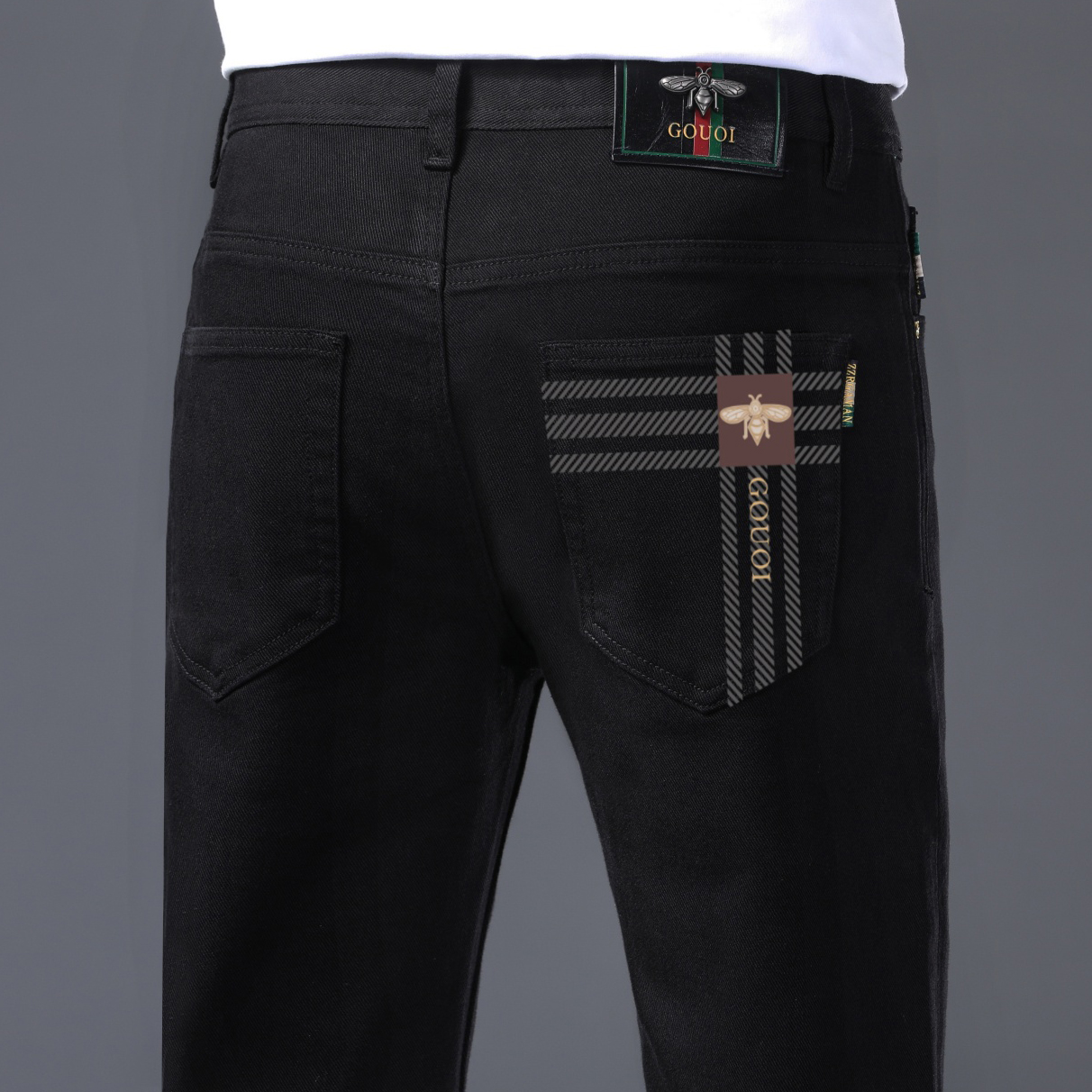 意大利高端印花黑色牛仔裤男秋冬新款修身弹力小脚时尚韩版休闲裤