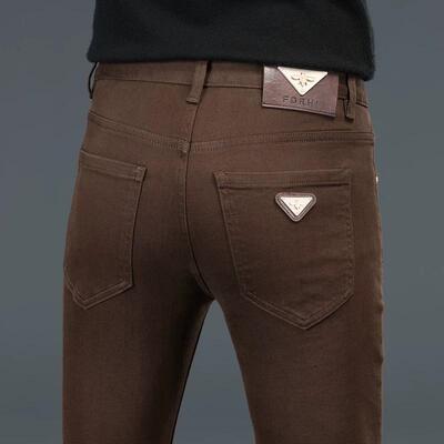 意大利高端咖啡色牛仔裤男士秋冬季新款潮流修身弹力小脚休闲长裤