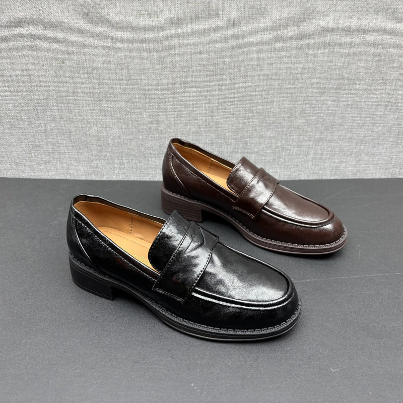 工厂断码2025春新款真皮女鞋圆头粗跟套脚简约百搭牛皮英伦乐福鞋,女鞋,乐福鞋（豆豆鞋）,淘宝优惠券,粉丝福利购,淘宝优惠卷