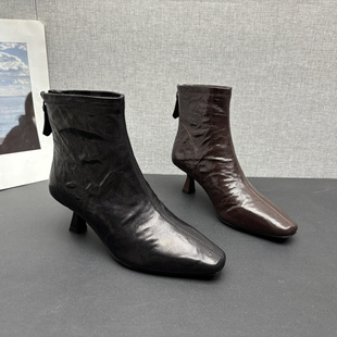 工厂处理2025秋冬新款真皮女鞋方头低跟气质通勤韩版时尚羊皮短靴