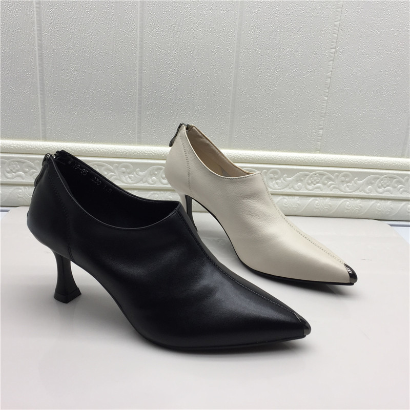 真皮尖头高跟侧拉链简约风女单鞋