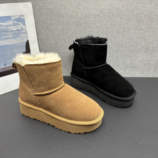 厂家断码处理2025冬新款真皮女鞋圆头厚底休闲时尚保暖羊毛雪地靴