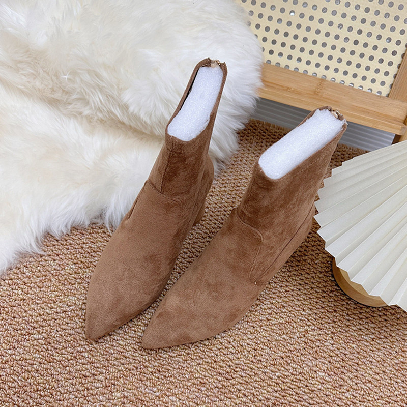 FOREIGN TRADE BROWN BOOTIES WOMENS HIGH HEELS FALL WINTER PLUS SIZE VERSATILE FRENCH STILETTO HEEL STRETCH BOOTS SUEDE POINTED TOE SKINNY BOOTS