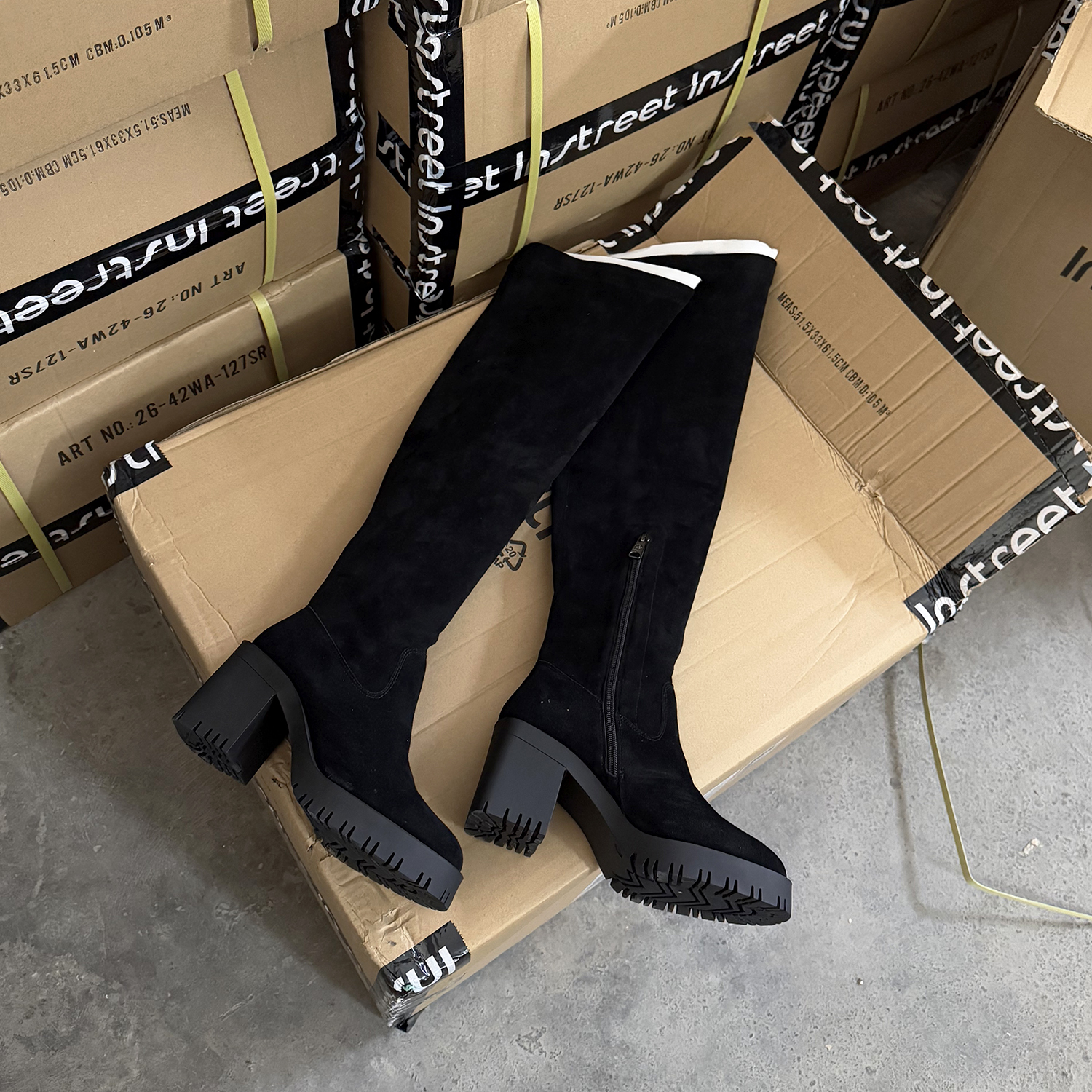 牛皮圆头弹力过膝长靴厚底女靴