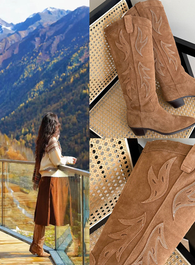 西班牙z家 gw1000+全真皮刺绣西部牛仔靴不过膝靴大码牛皮女靴42