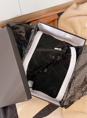 美国单 DK*Y原包装牛皮加绒高帮圆头休闲系带板鞋外贸真皮女靴子