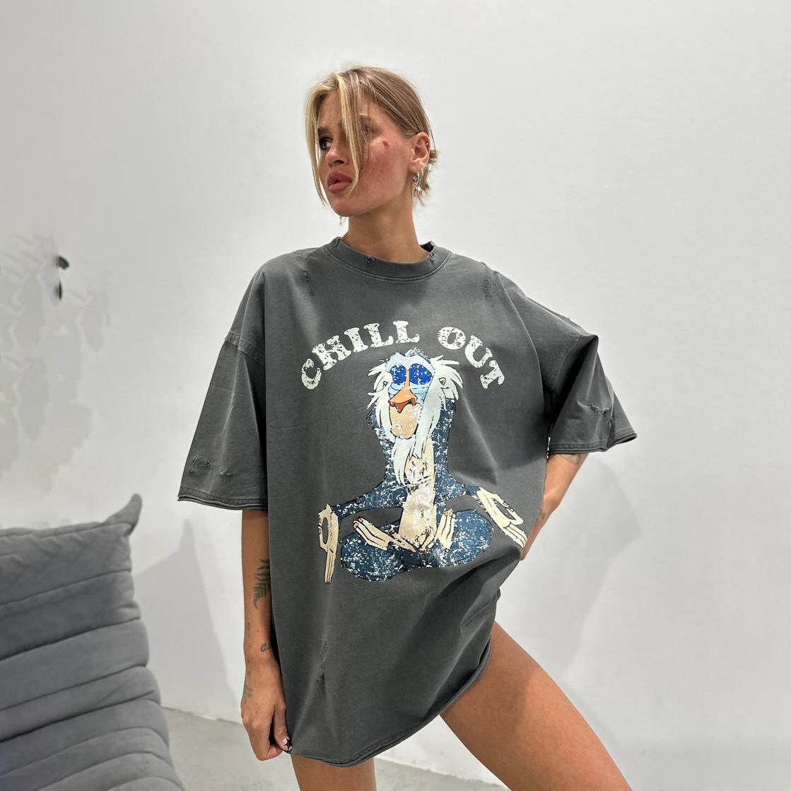 时尚宽松童趣卡通印花T恤BF风大版型上衣 Loose printed T-shirt