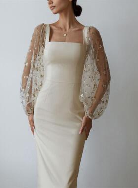 Women sexy party dress 时尚刺绣拼接灯笼袖包臀连衣裙