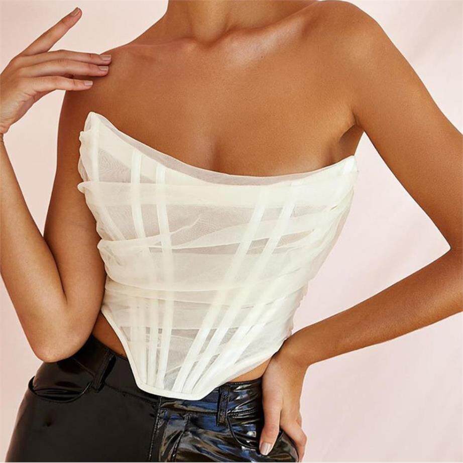 Fishbone Mesh Sexy Vest 欧美性感纯色鱼骨网纱裹胸百搭背心上衣