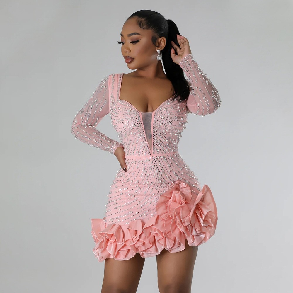 Ruffle beaded party dress 方领钉珠性感荷叶边长袖派对礼服裙