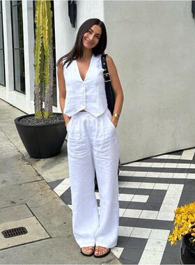 Vest pants cotton set 法式棉麻无袖背心马甲长裤白色休闲套装女