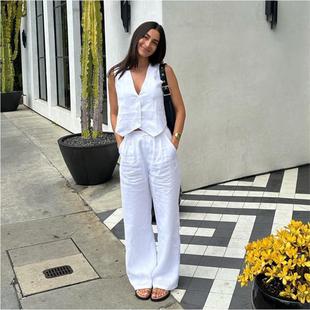 set 女 Vest cotton 背心馬甲長褲 白色休閑套裝 棉麻無袖 pants 法式