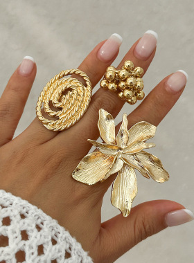 欧美立体花朵开口戒指金