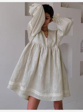 Cotton linen dress法式新款棉麻V领灯笼长袖花边高腰宽松连衣裙