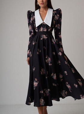 Printed long dress 法式复古翻领印花长袖收腰大摆连衣裙长裙女