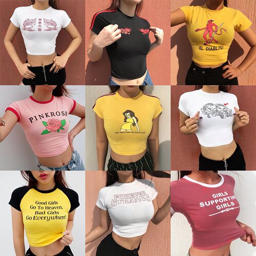 Women Printed Tight T-shirt Slim Body Chest Short Sleeves 6