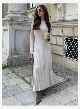 Knitted long dress 欧美新款长袖坑条针织长裙修身打底连衣裙女