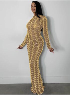Mesh Hot Drill Dress 欧美性感烫钻网纱长袖透视修身礼服连衣裙