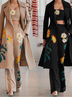 Printed Jacket Vest Pants Set 印花风衣长款外套裹胸裤子套装女