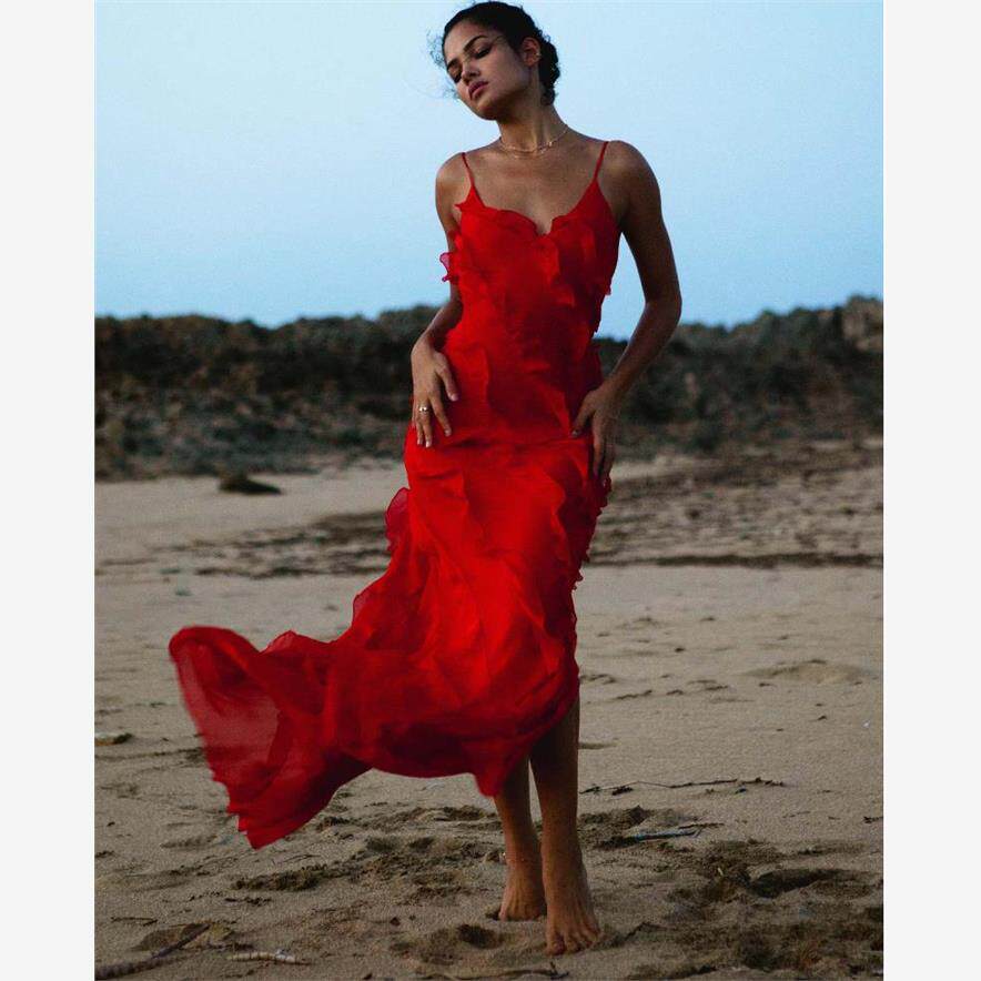 Chiffon Ruffled Sling Dress度假风V领雪纺荷叶边露背吊带连衣裙