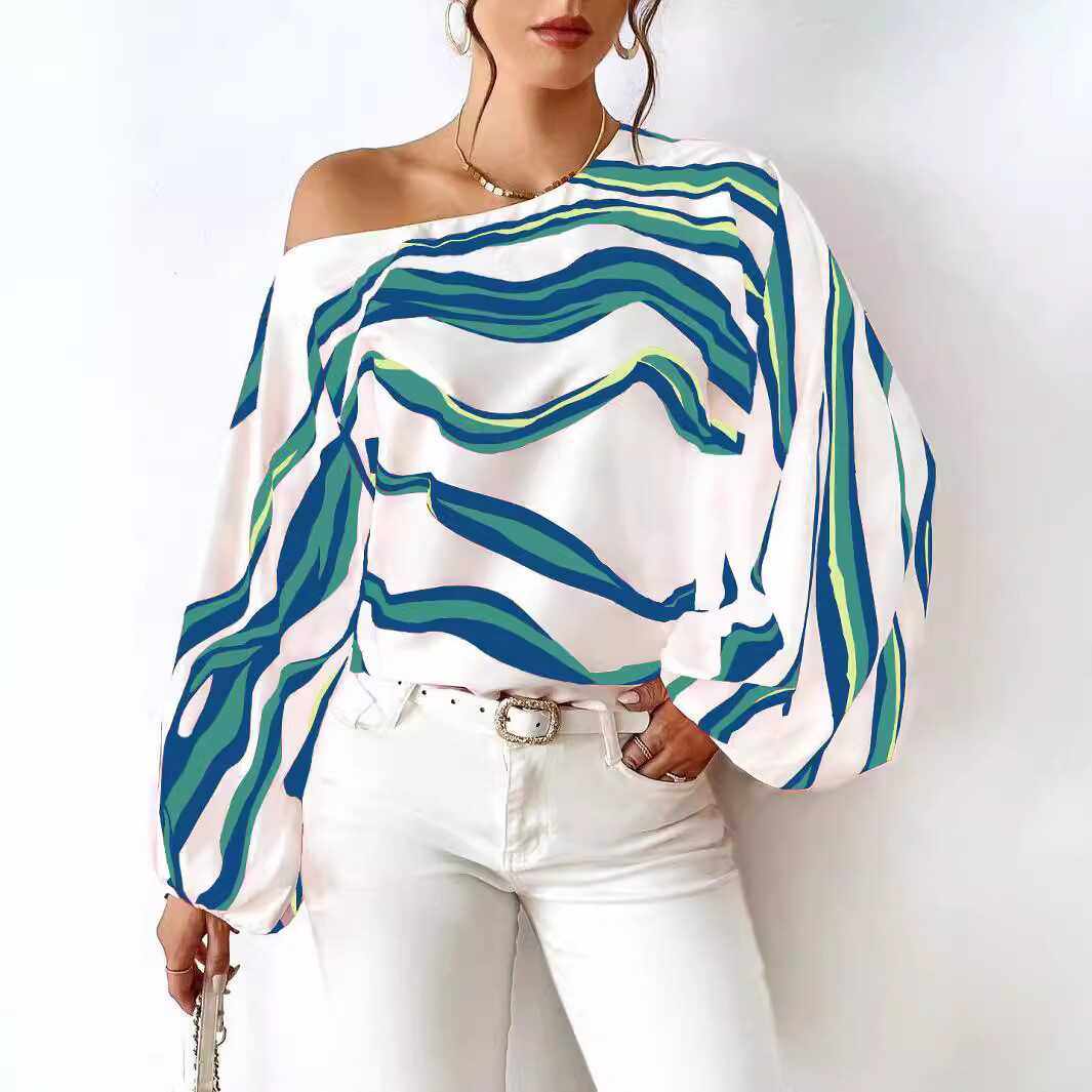Womens T-shirt欧美春秋女性感斜领露肩长袖衬衫波浪印花百搭上衣
