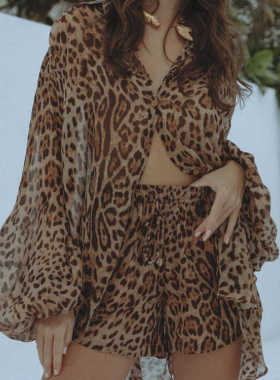 Long sleeved two-piece set豹纹宽松套装性感长袖衬衫短裤两件套