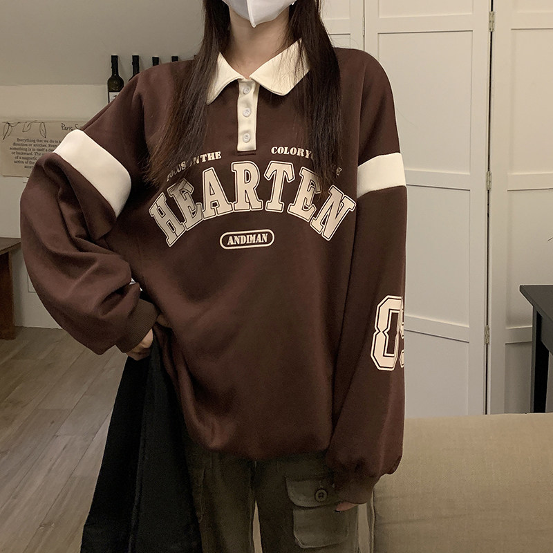 卫衣女2023新款chic学院风美式秋冬季撞色Polo领运动加绒外套潮