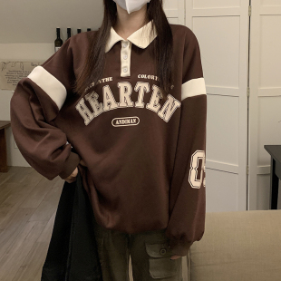 卫衣女2023新款chic学院风美式秋冬季撞色Polo领运动加绒外套潮