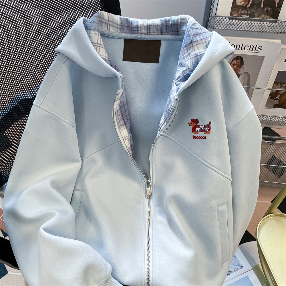 小狗刺绣开衫卫衣女腊肠狗拼接格子拉链连帽宽松上衣外套慵懒风潮