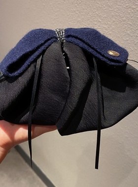 新款简约蝴蝶结缎带马尾夹女针织发饰显脸小发抓深蓝色发饰头饰