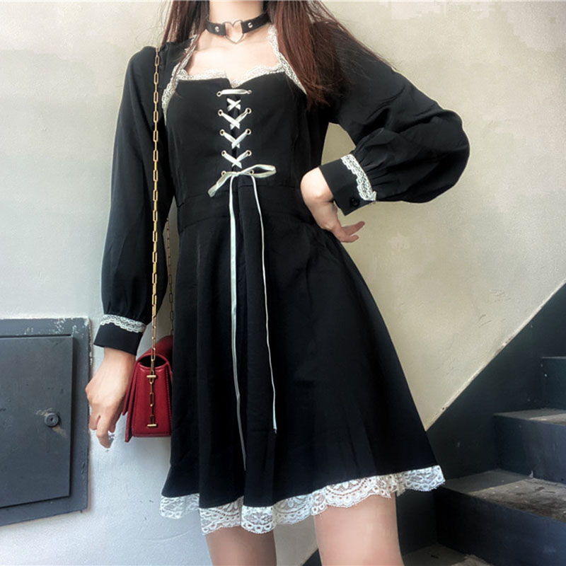 Real price dark black girl's spring black spring and autumn dress