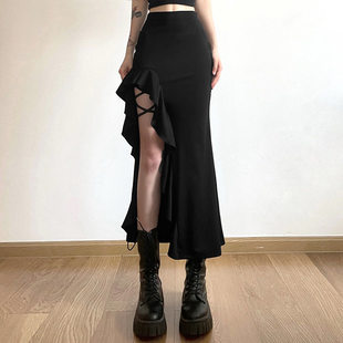 edge Lace irregular slit skirt收腰包臀开衩不规则边半身裙