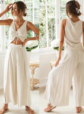 女纯色抽绳短袖上衣阔腿开叉长裤两件套套装women's vest suit