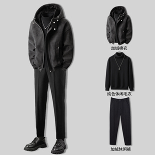 男装冬装2025新款皮毛一体男外套加绒加厚棉衣男士高端穿搭一整套