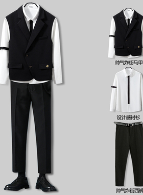型男穿搭韩系英伦雅痞小个子显高套装发型师西装马甲dk外套男ins