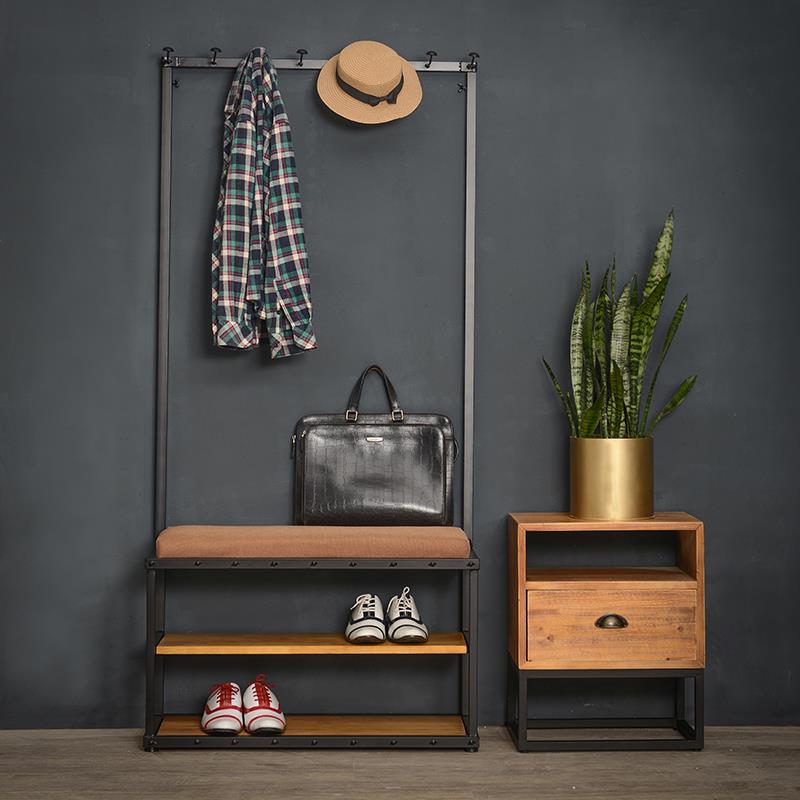 典逸美式家用实木换鞋凳铁艺多层鞋架带可坐衣帽架欧式挂衣架一体