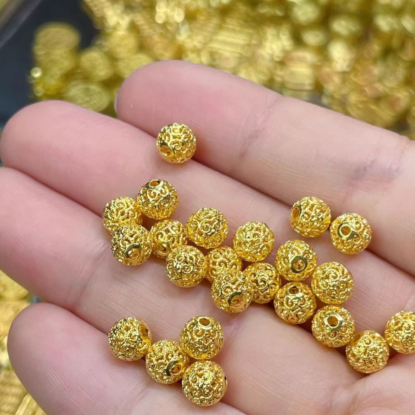 中国至臻足金999花丝镂空玲珑珠手链3D硬金黄金珠DIY手串项链隔珠