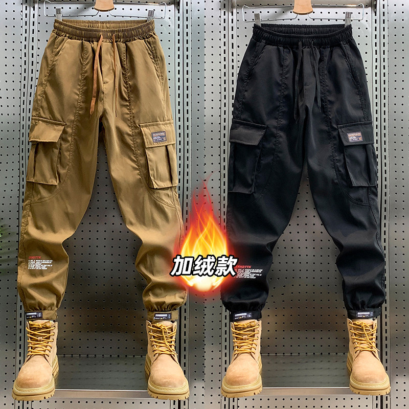 高端复古工装裤男秋冬加绒潮牌美式宽松大码多口袋耐磨束脚休闲裤