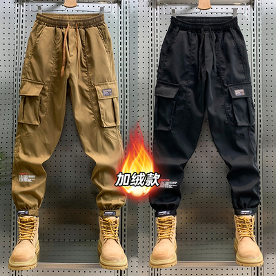 高端复古工装裤男秋冬加绒潮牌美式宽松大码多口袋耐磨束脚休闲裤