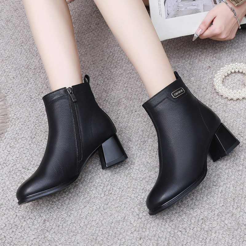 粗跟短靴女2025秋冬真皮高跟单靴百搭时尚圆头中年女靴加绒瘦瘦靴,女鞋,时装靴,淘宝优惠券,粉丝福利购,淘宝优惠卷