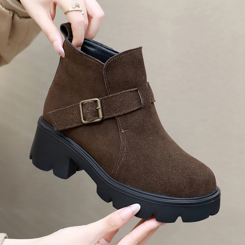 磨砂牛皮厚底勃肯鞋短靴女2025秋冬新款粗跟马丁靴加绒保暖棉靴子,女鞋,时装靴,淘宝优惠券,粉丝福利购,淘宝优惠卷